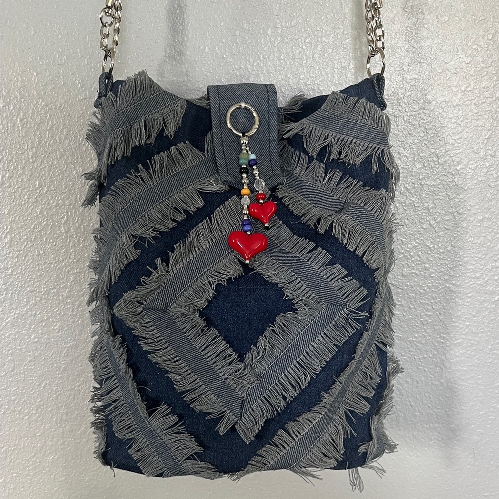 Fringe Denim Crossbody Bag with Heart Charm